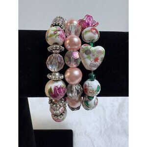 Vintage Painted Ceramic Cloisonne Glass Beaded Stretch Bracelets - Set of 3